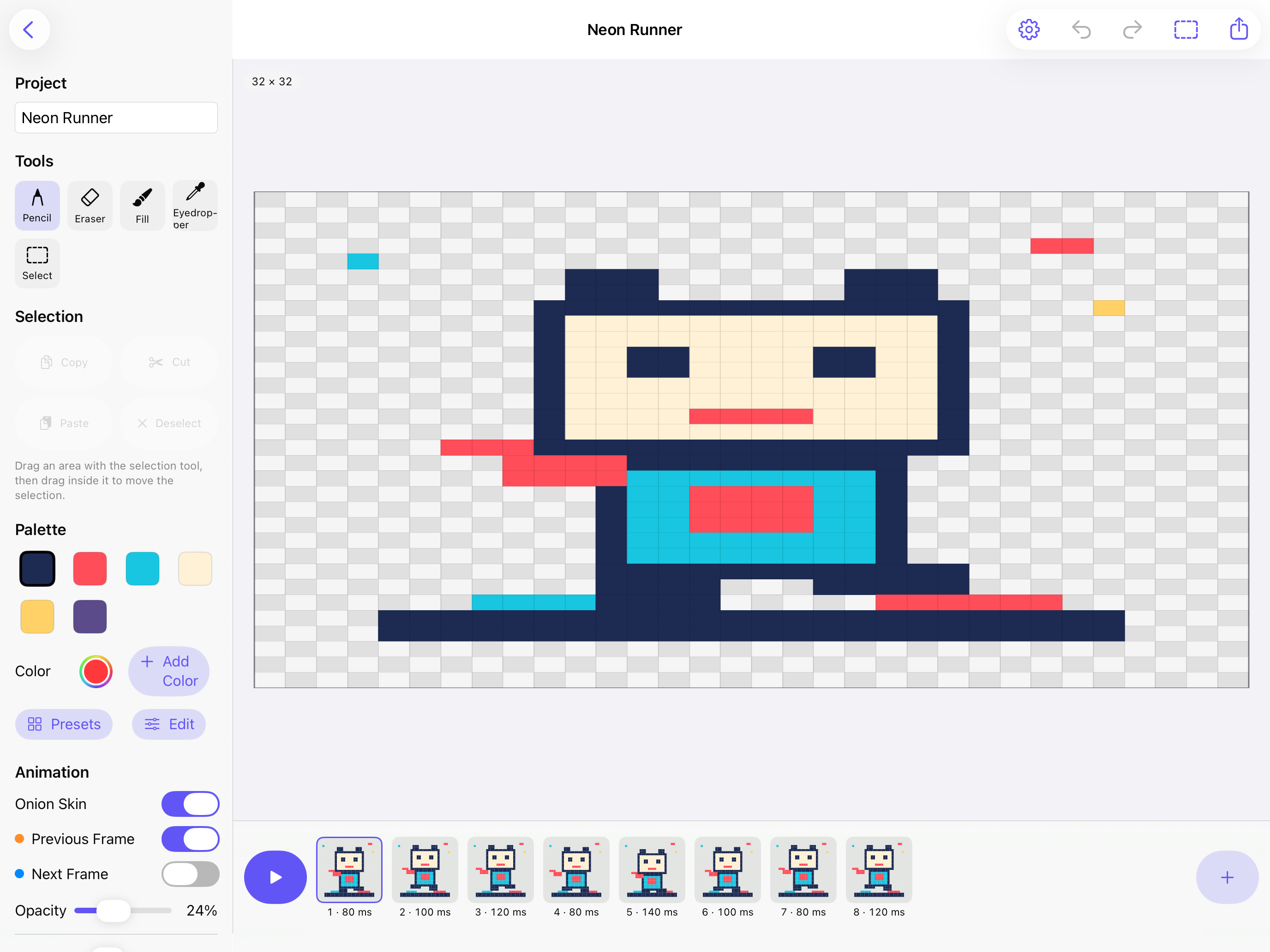 PixelPad editor showing a colorful animated pixel character, frame timeline, drawing tools, and palette.